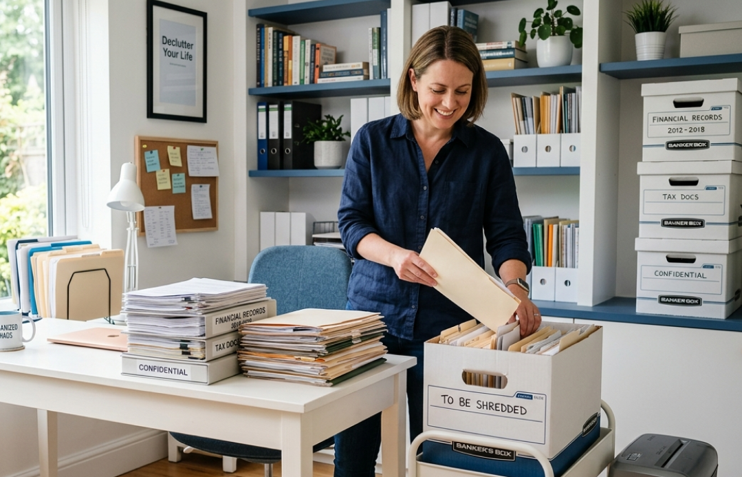 `Woman sorting documents at home ready for home shredding collection