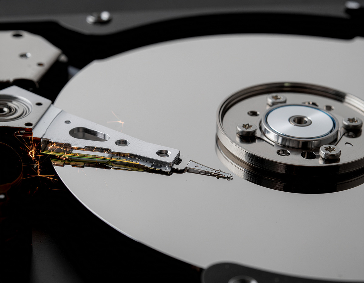 Inside a computer hard drive, showing the disk where data is stored