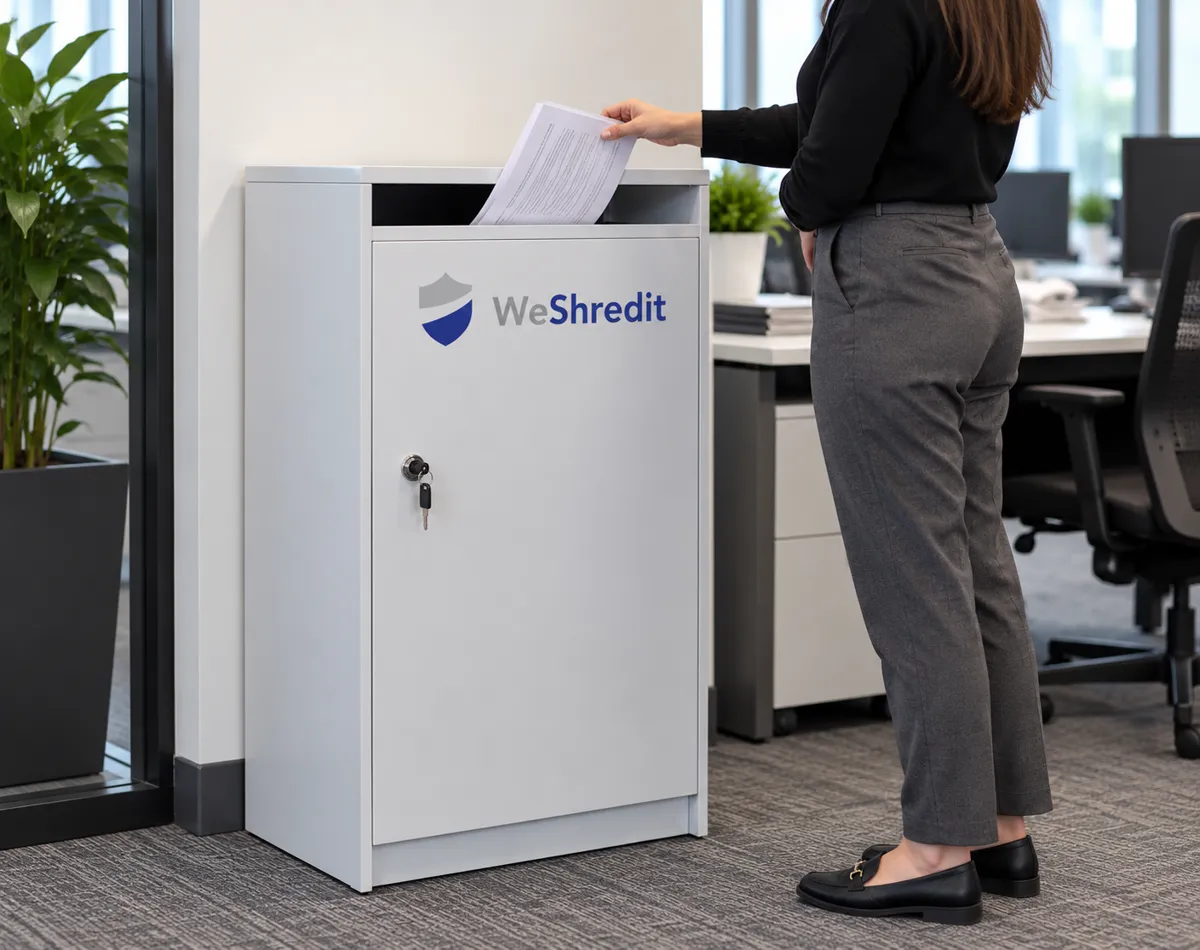 Lockable confidential waste console in a Leicester office, emptied by We Shred It